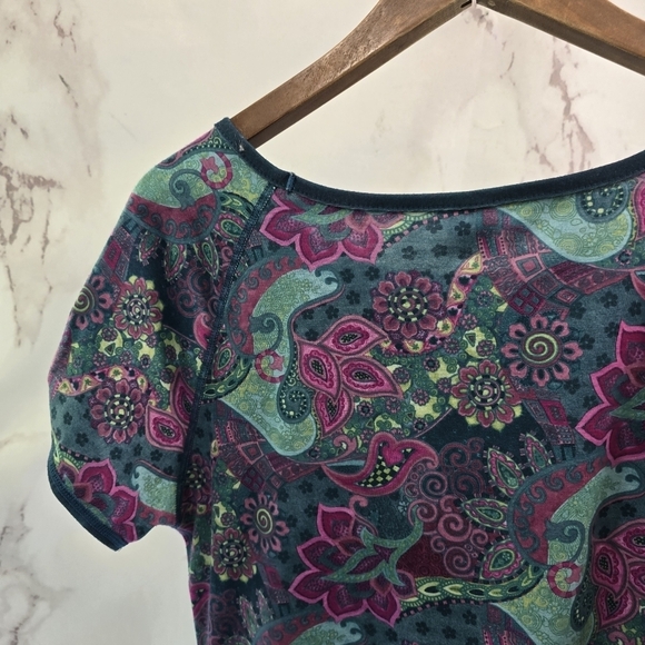Title Nine Dress Women Medium Green Pink Mini Stretch Jersey Paisley Lettuce Hem - Picture 6 of 11